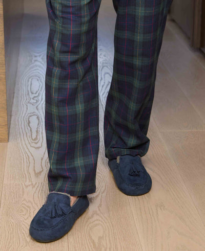 Men's Navy Microsuede Moccasin Slippers model shot