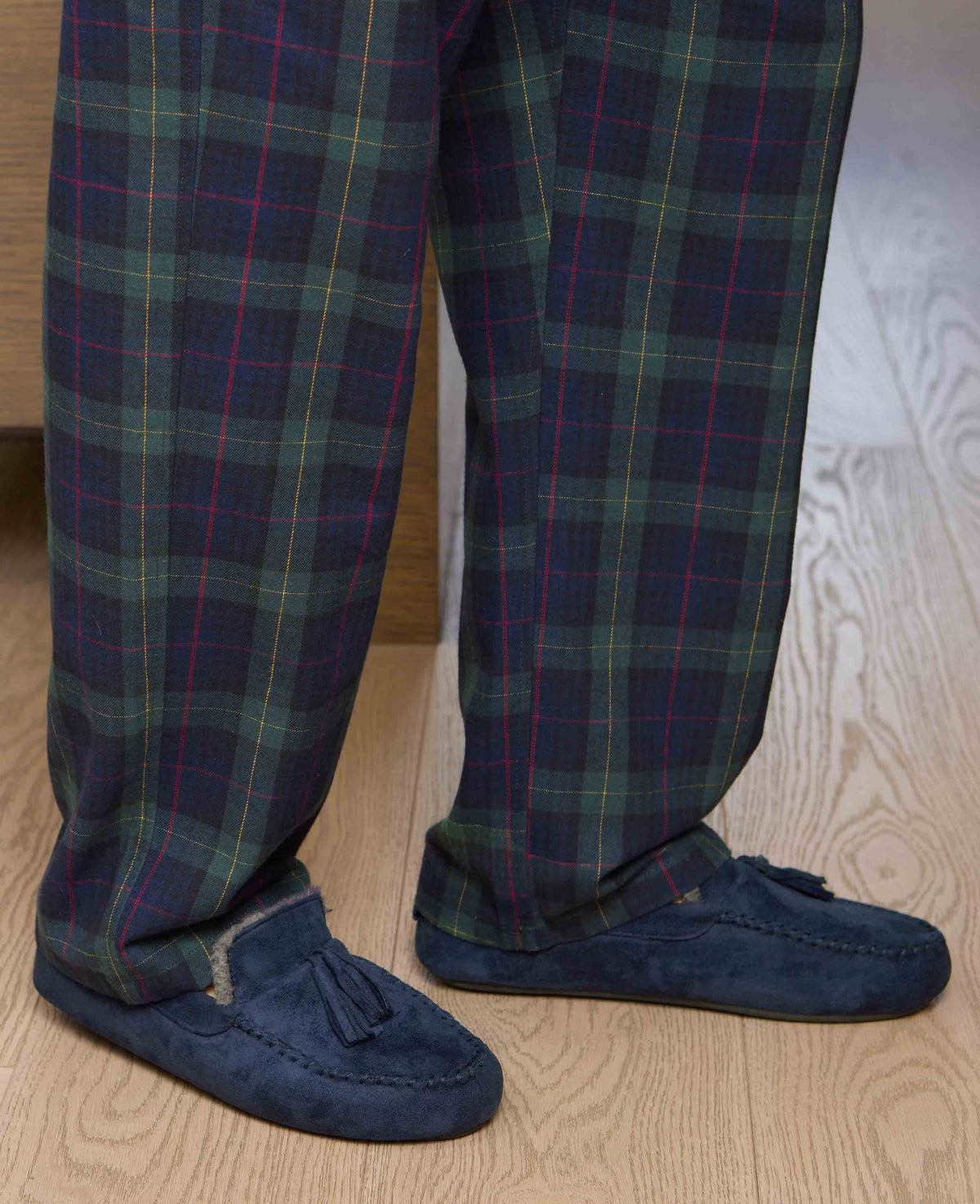 Men's Navy Microsuede Moccasin Slippers model shot 2