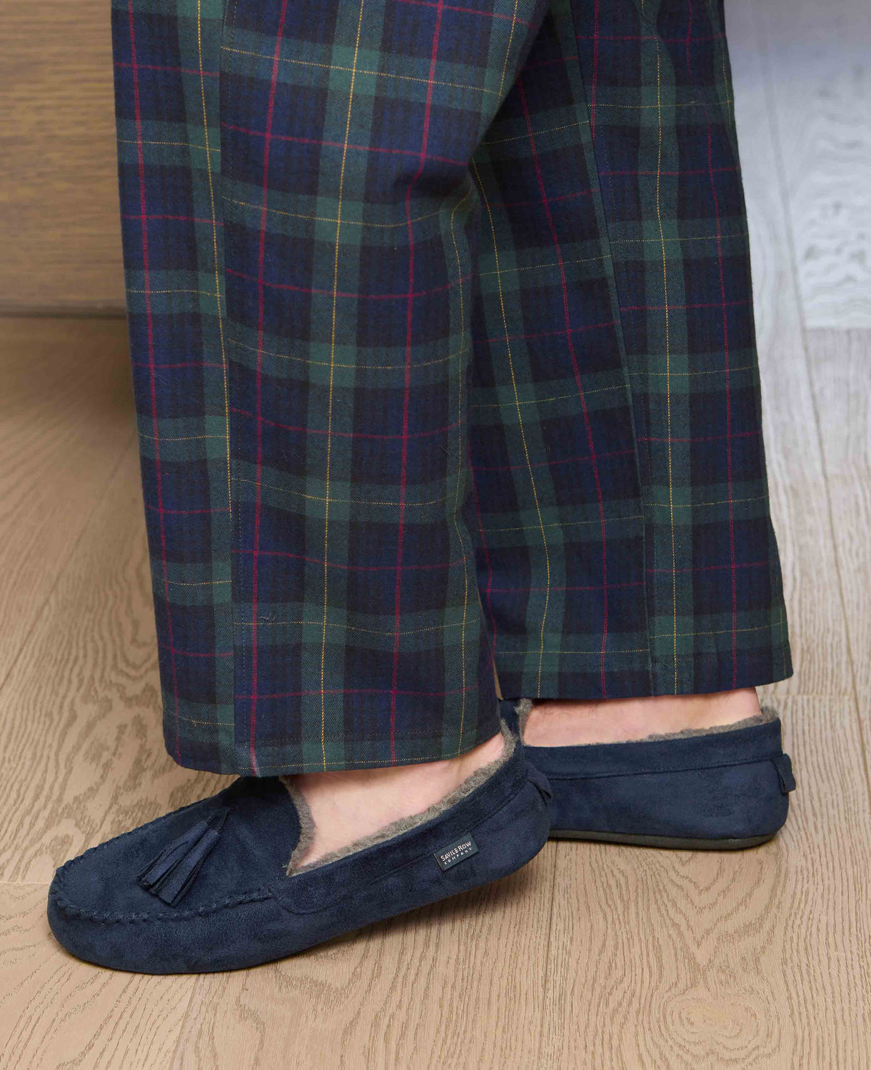 Men's Navy Microsuede Moccasin Slippers model shot 3