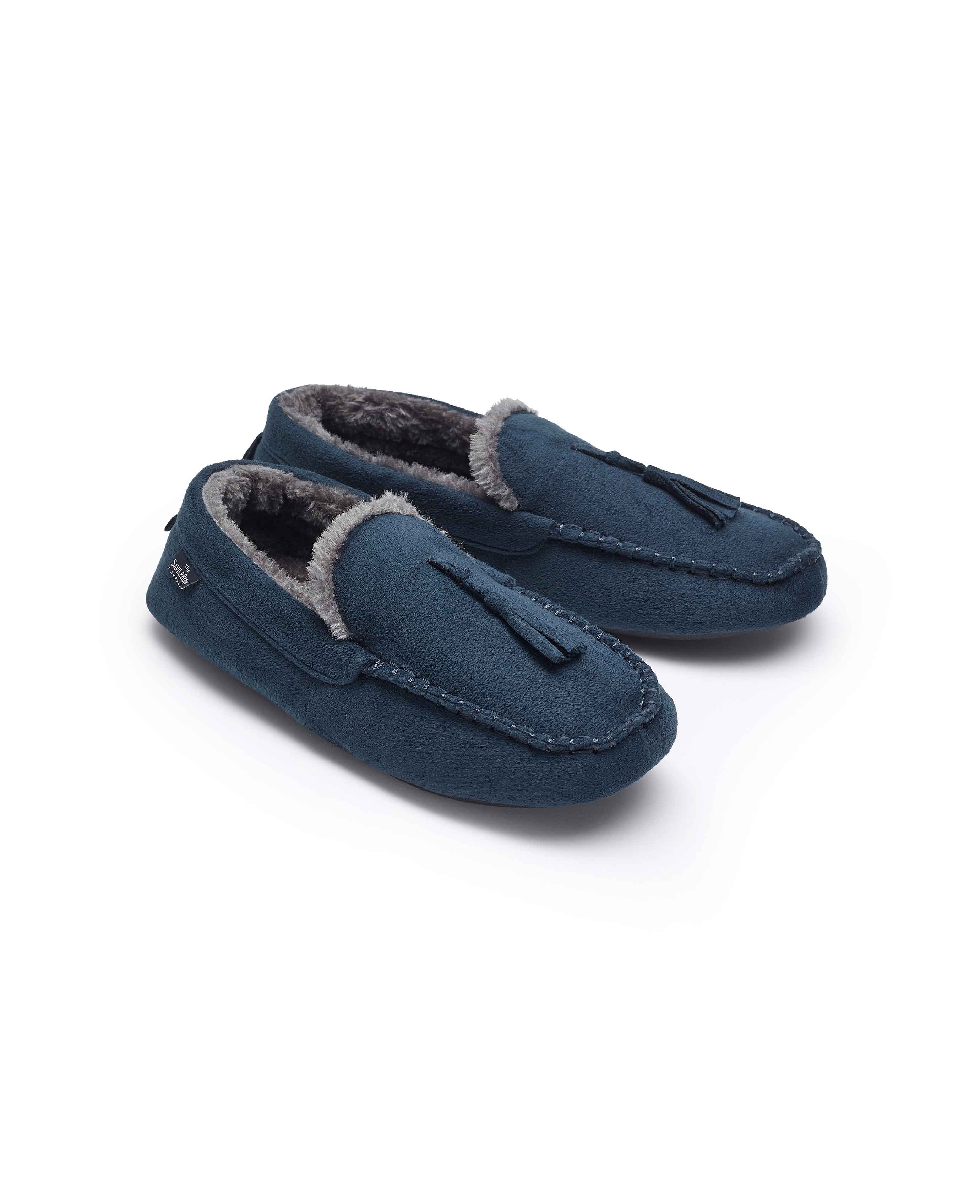 Men s Navy Microsuede Moccasin Slippers Savile Row Company