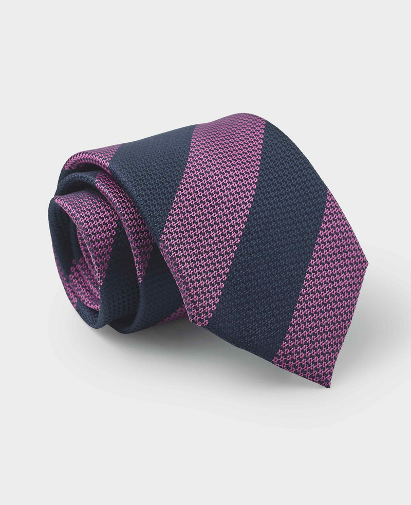 Men's Textured Silk Tie in Navy Pink Stripe