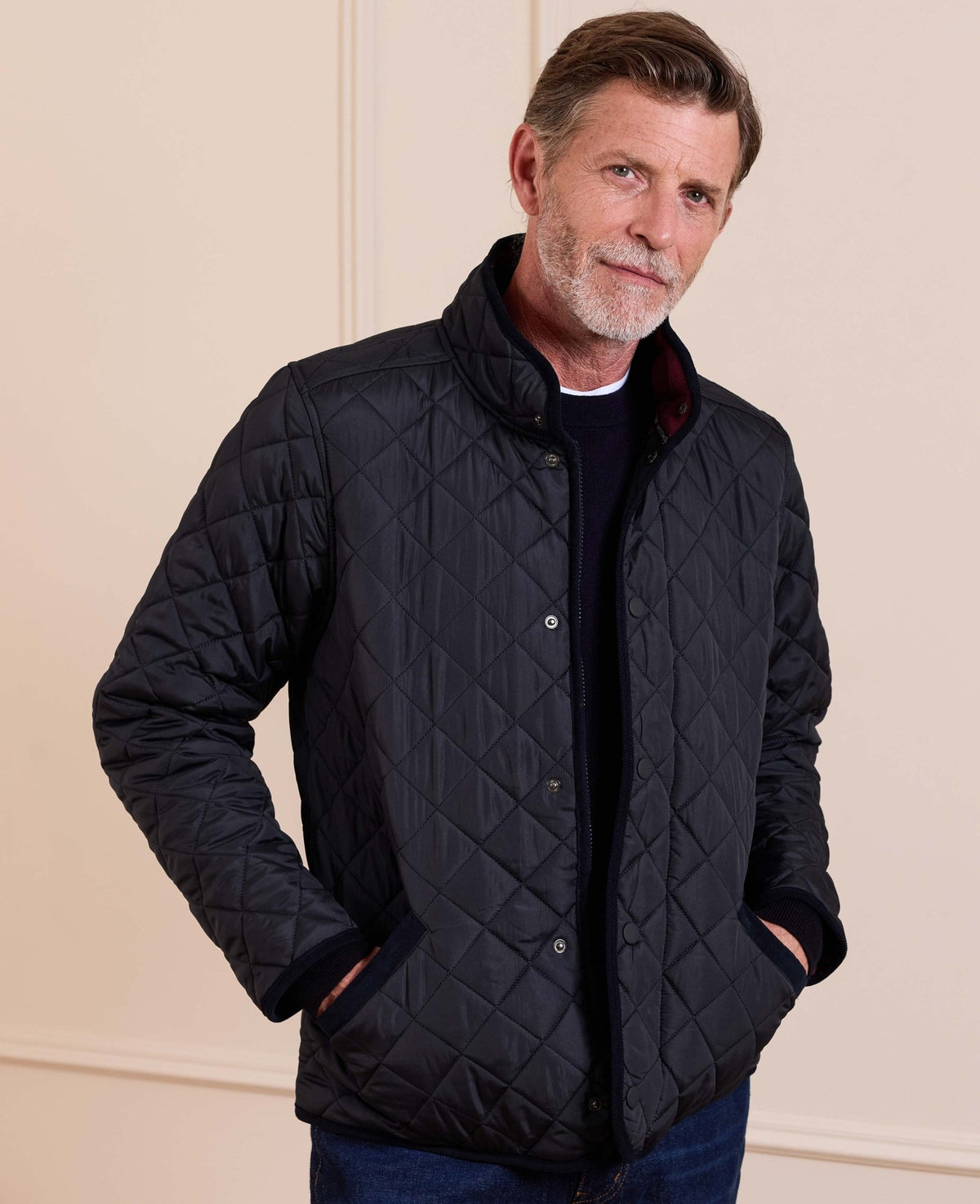 Navy Quilted Jacket With Corduroy Trim