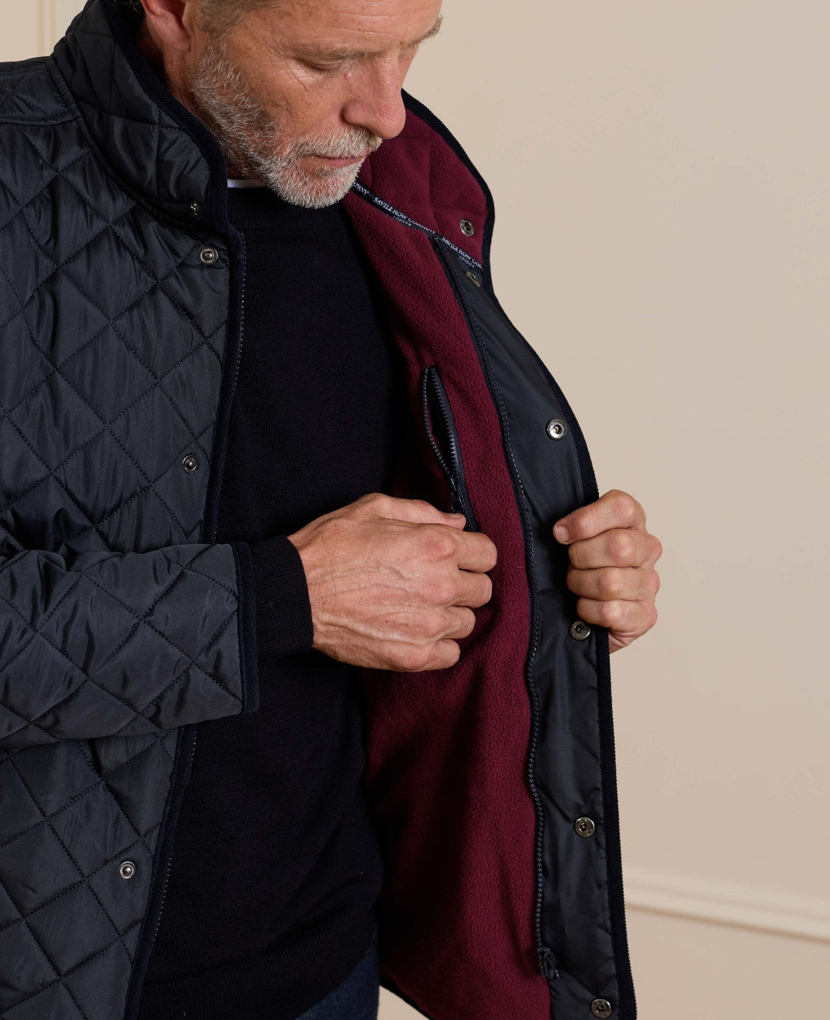 Navy Quilted Jacket With Corduroy Trim