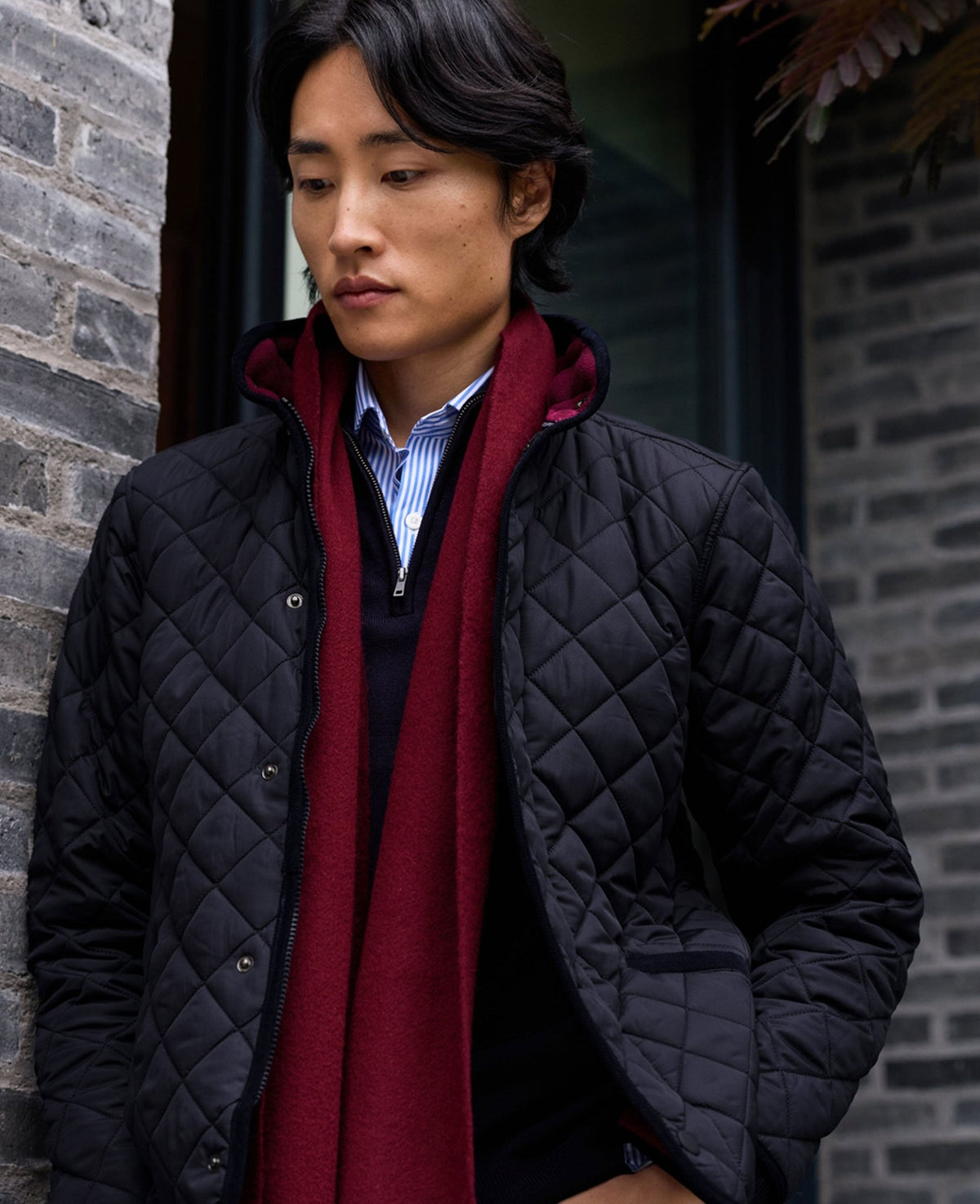 Navy Quilted Jacket With Corduroy Trim