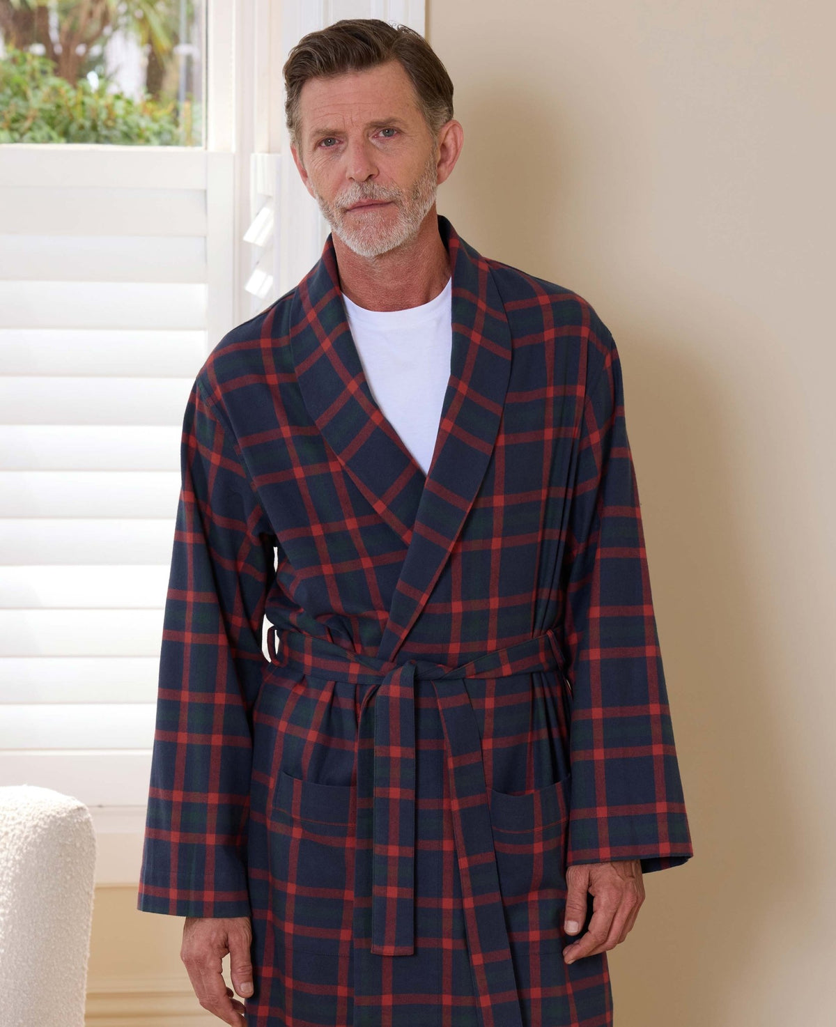 Navy Red Brushed Cotton Twill Check Dressing Gown