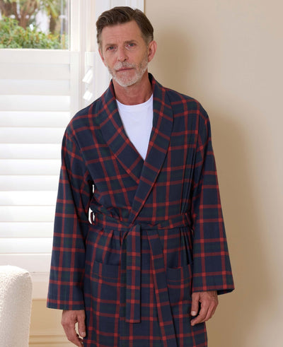 Navy Red Brushed Cotton Twill Check Dressing Gown