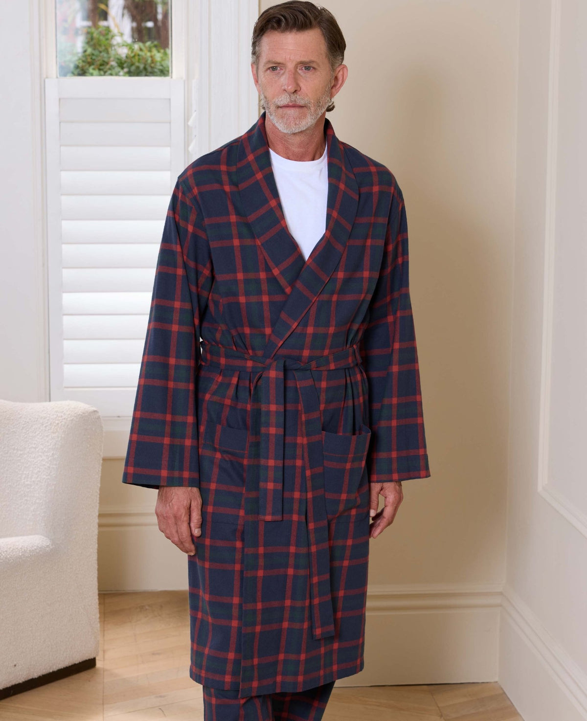 Navy Red Brushed Cotton Twill Check Dressing Gown