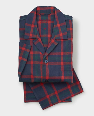 Navy Red Brushed Cotton Twill Check Revere Collar Pyjamas