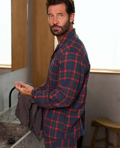 Navy Red Brushed Cotton Twill Check Revere Collar Pyjamas