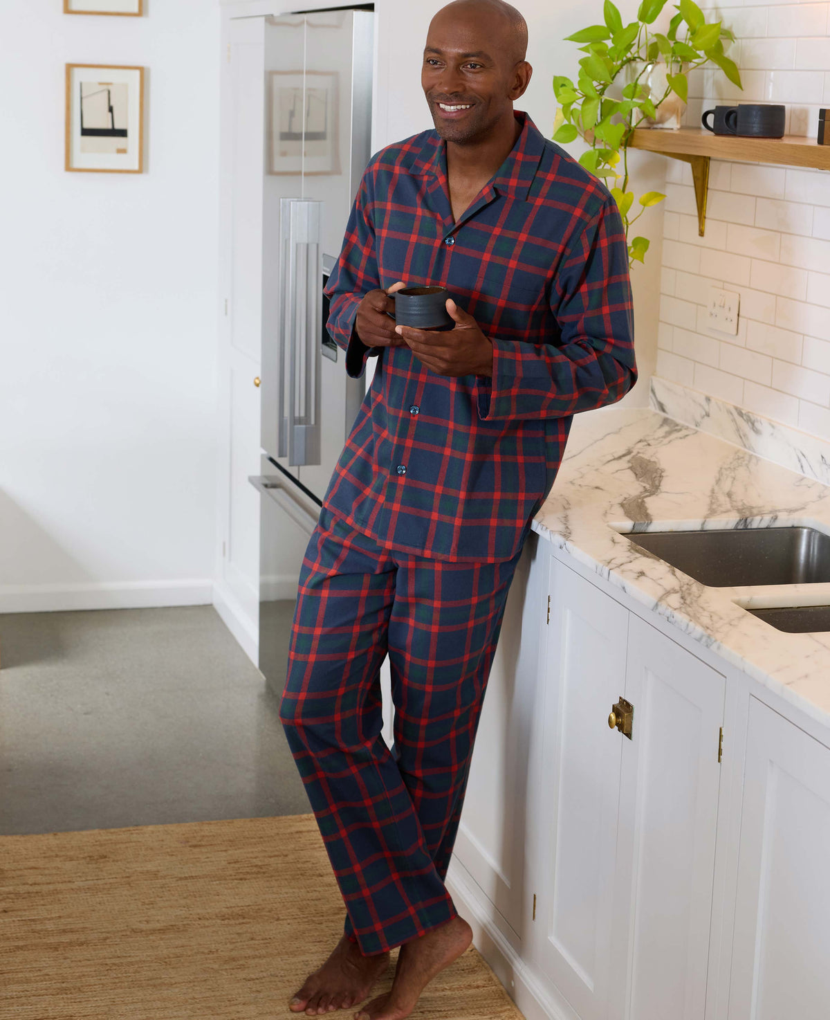 Navy Red Brushed Cotton Twill Check Revere Collar Pyjamas