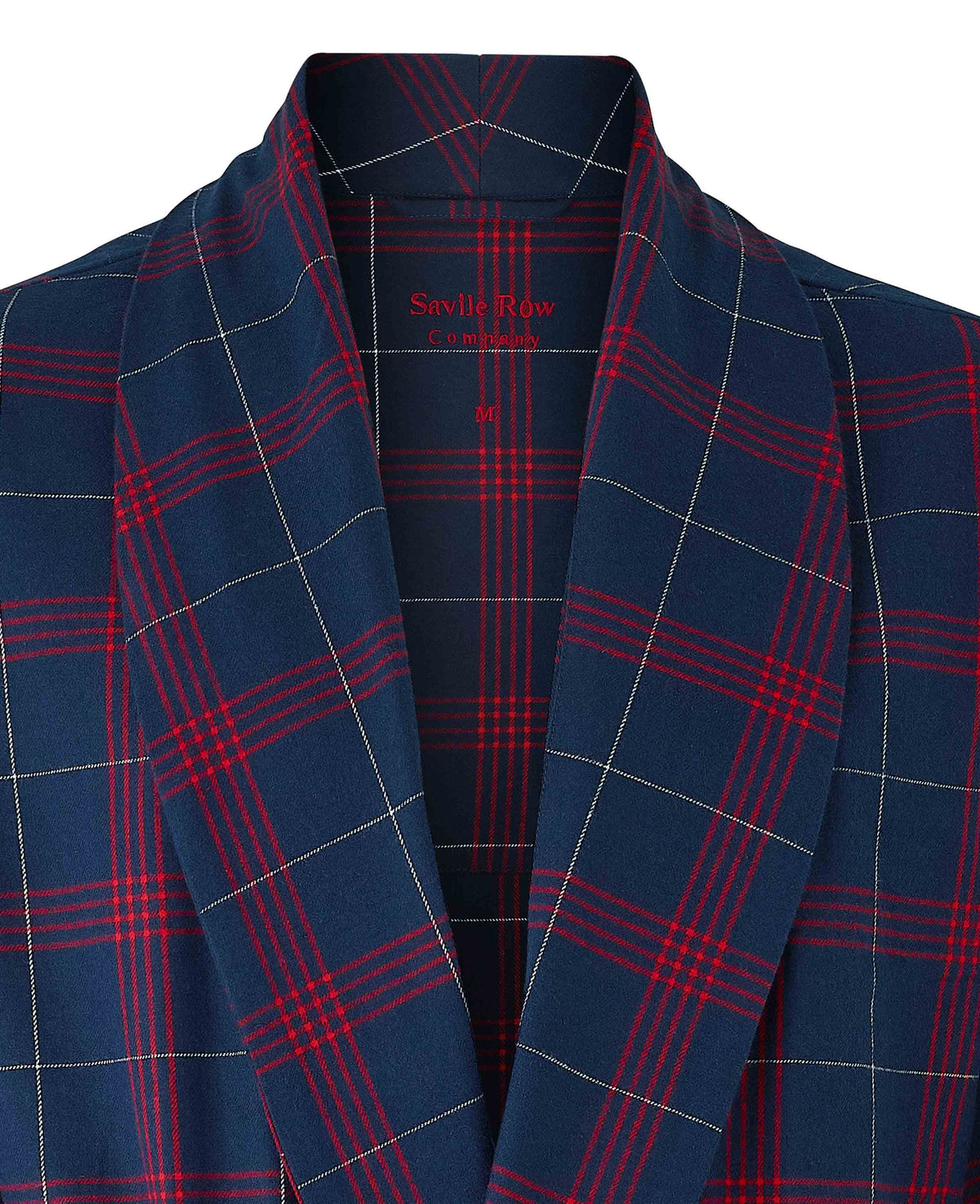 Men's Navy Red Brushed Cotton Twill Window Check Dressing Gown collar detail