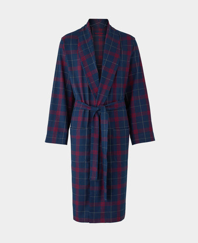 Navy Red Brushed Cotton Twill Window Check Dressing Gown