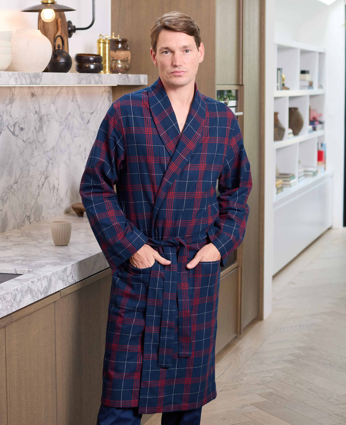Men's Navy Red Brushed Cotton Twill Window Check Dressing Gown model shot