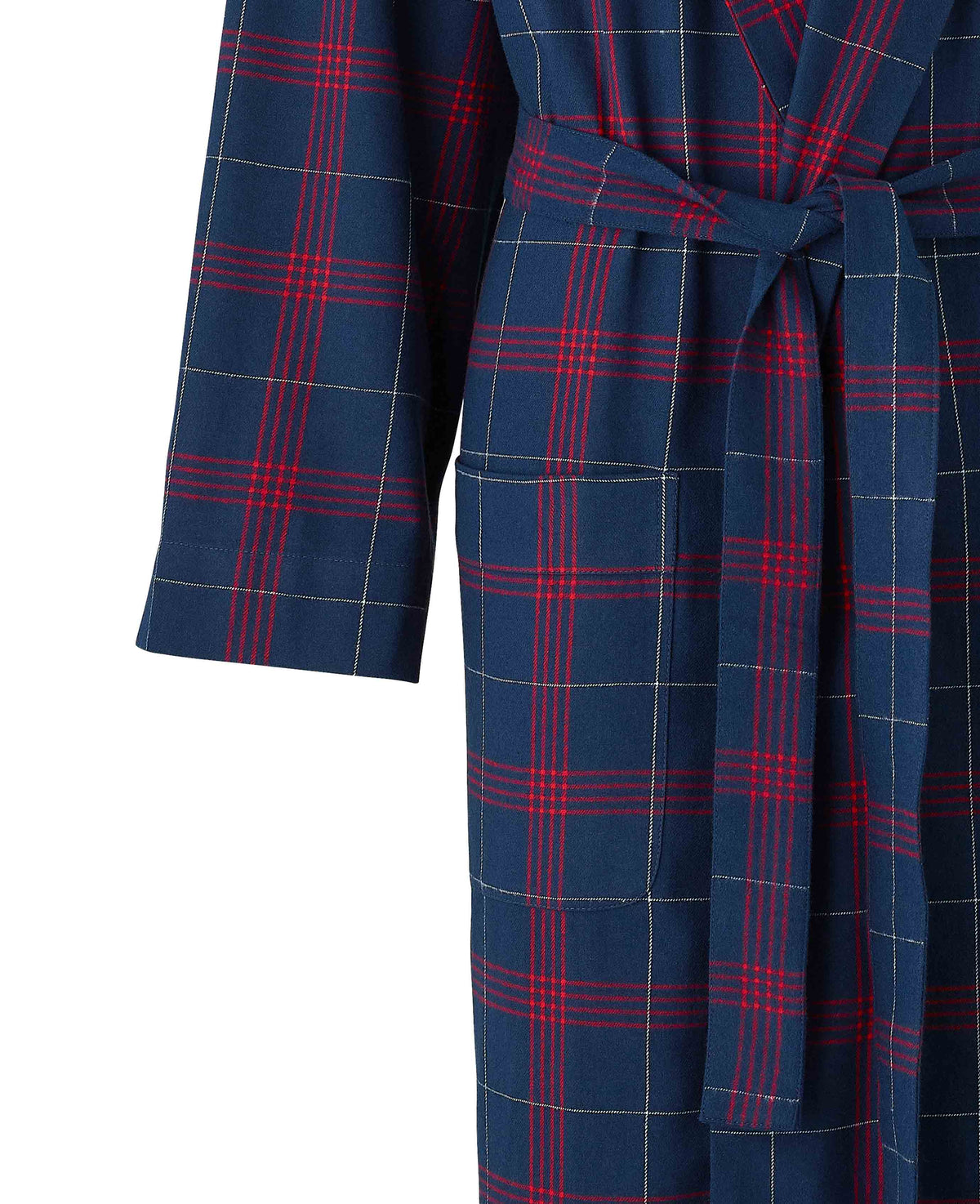 Men's Navy Red Brushed Cotton Twill Window Check Dressing Gown pocket detail