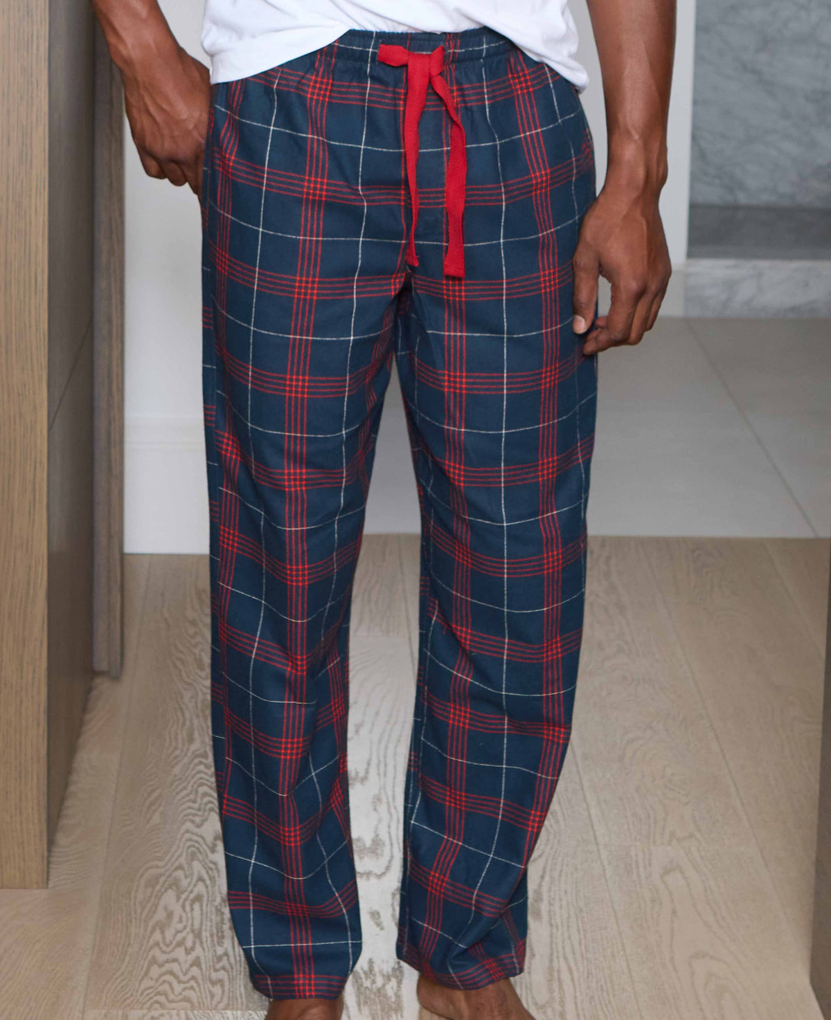 Men's Navy Red Brushed Cotton Twill Window Check Lounge Pants model shot