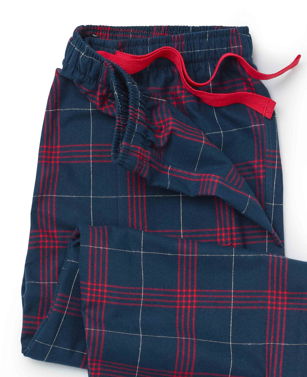 Men's Navy Red Brushed Cotton Twill Window Check Lounge Pants waist detail