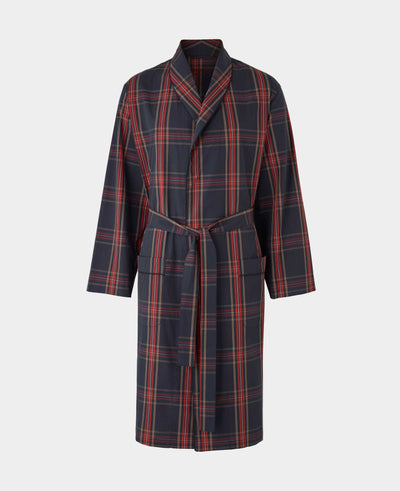 Navy Red Cotton Check Dressing Gown