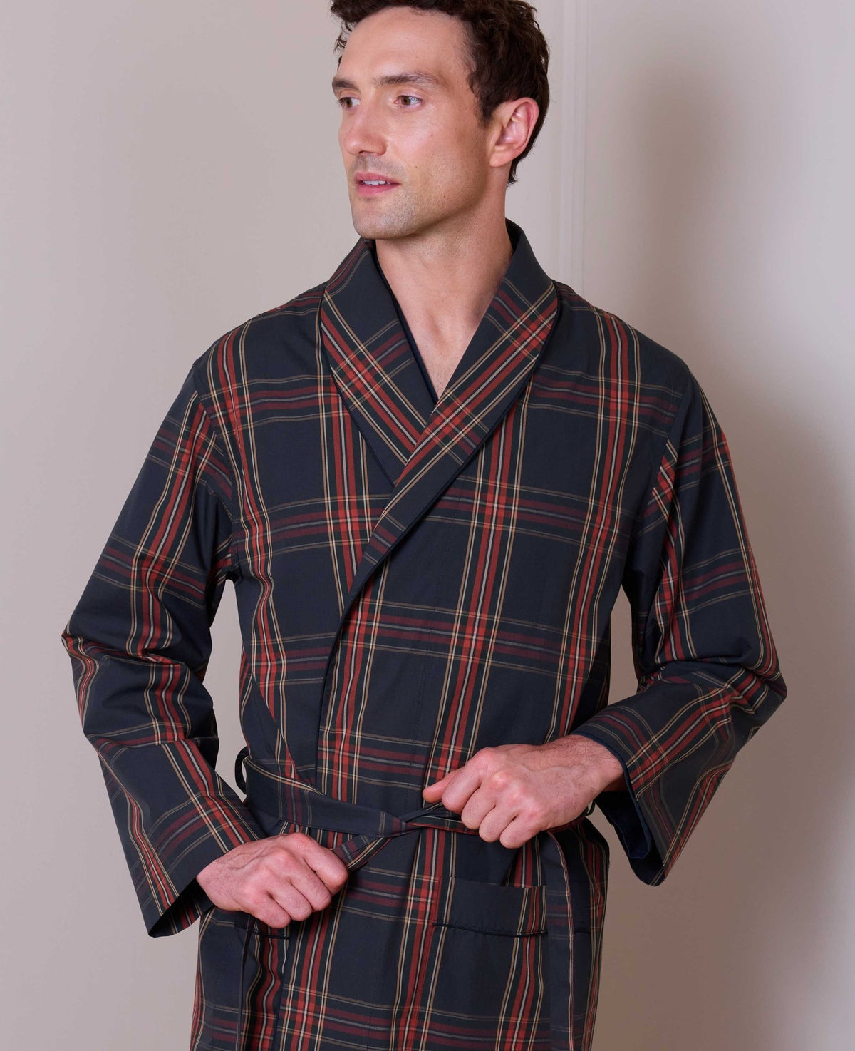 Navy Red Cotton Check Dressing Gown