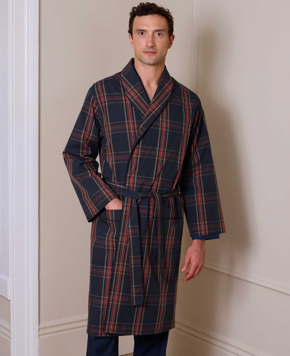 Navy Red Cotton Check Dressing Gown