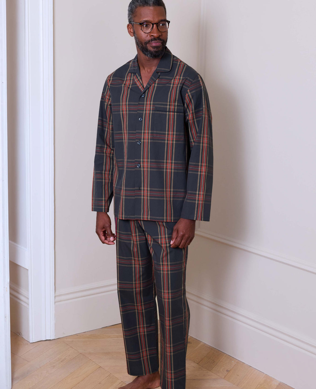 Navy Red Cotton Revere Collar Check Pyjamas