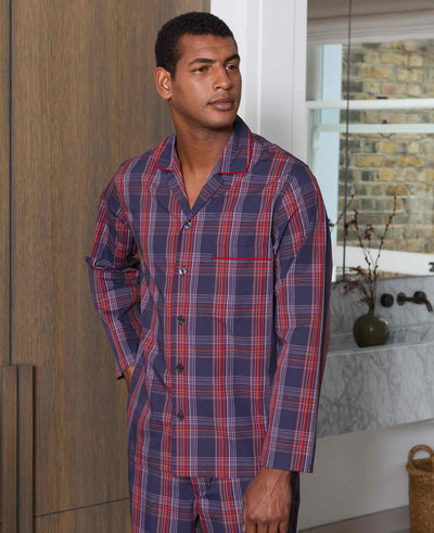 Navy Red Cotton Window Check Pyjamas