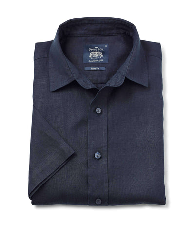 Navy Short Sleeve Pure Linen Slim Fit Shirt in Shorter Length - 1397NAVMSS