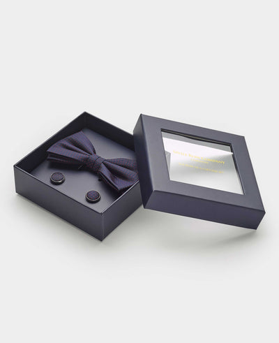 Navy Silk Pinspot Self Bow Tie & Cufflink Set