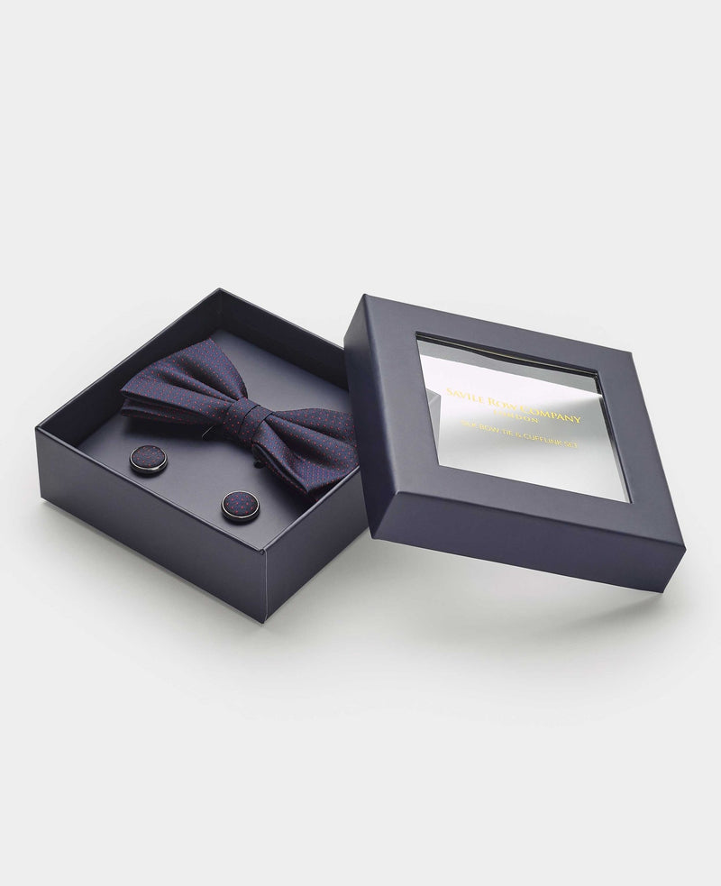 Navy Silk Pinspot Self Bow Tie & Cufflink Set