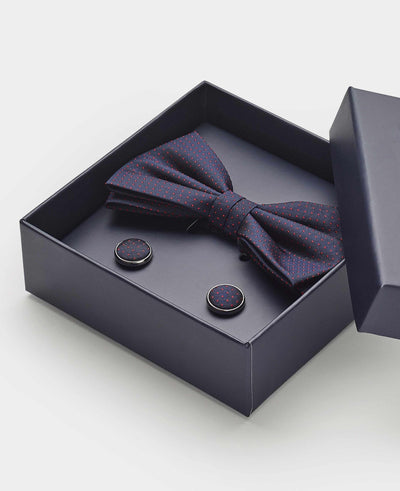 Navy Silk Pinspot Self Bow Tie & Cufflink Set
