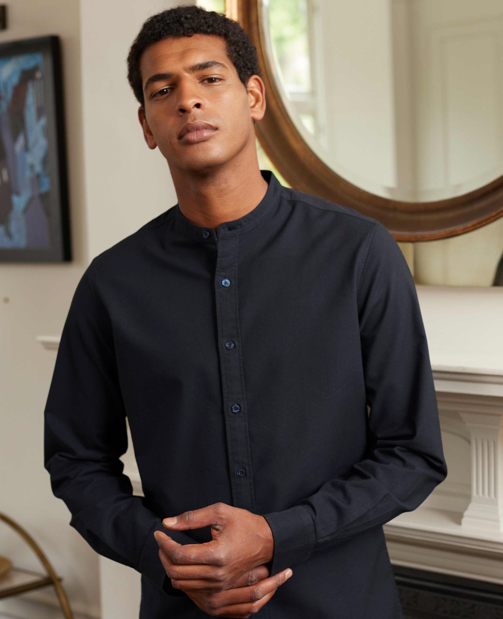 Men's Navy Cotton Slim Fit Grandad Collar Casual Shirt Savile