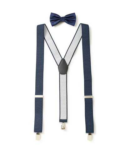 Men's Navy And White Spotted Braces And Bow Tie Set