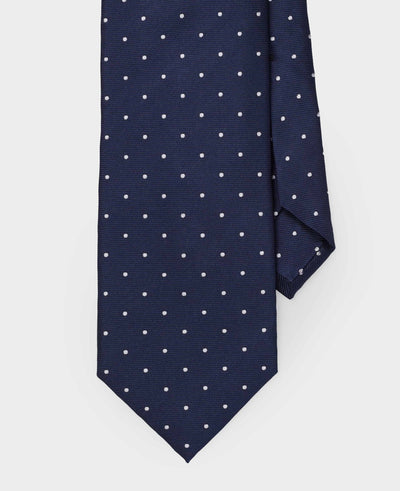Navy Spotted Seven Fold Silk Tie