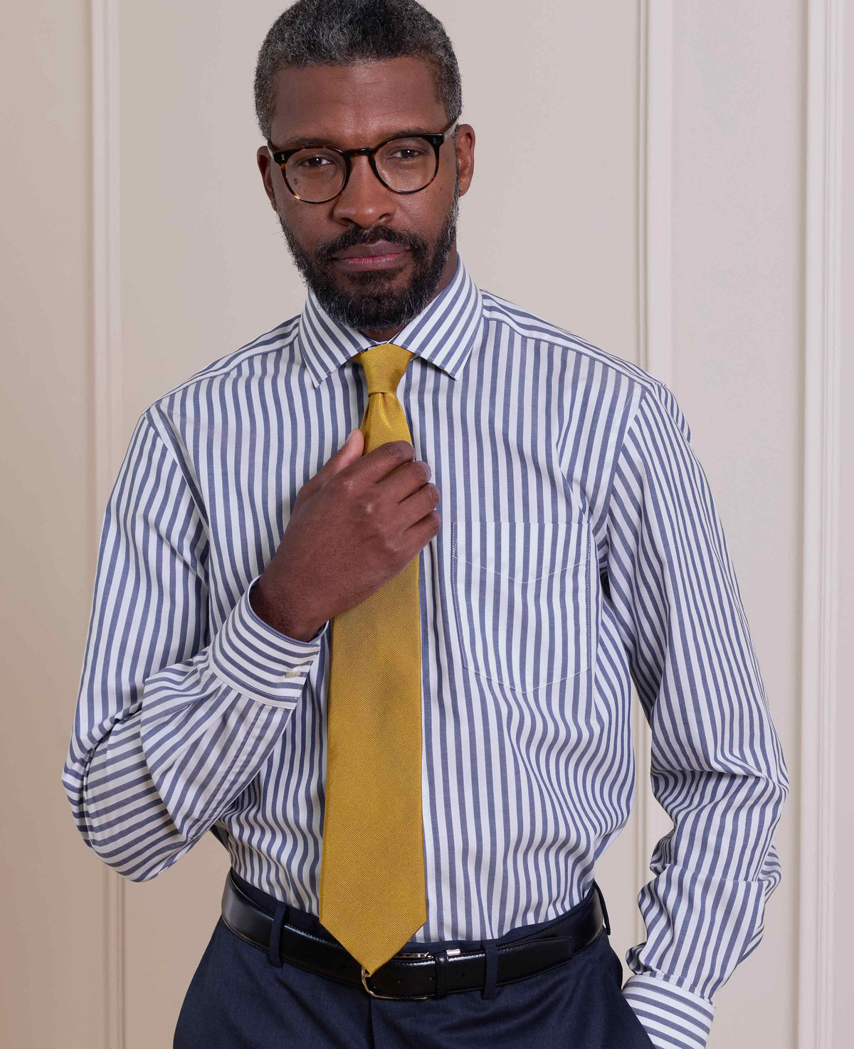 Navy Stripe Cotton Poplin Classic Fit Formal Shirt - Single Cuff