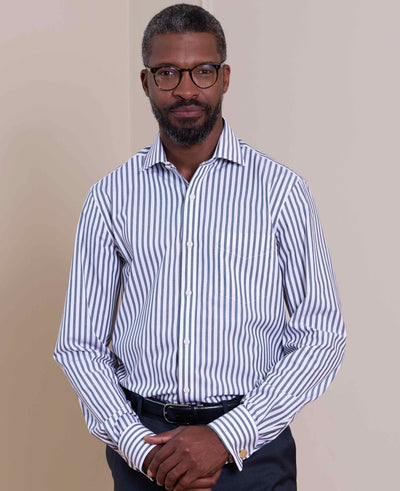 Navy Stripe Cotton Poplin Classic Fit Formal Shirt - Single Cuff