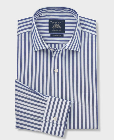 Navy Stripe Cotton Poplin Classic Fit Formal Shirt - Single Cuff