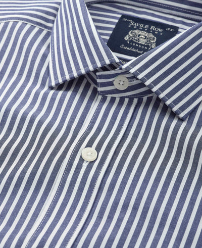 Navy Stripe Cotton Poplin Classic Fit Formal Shirt - Single Cuff