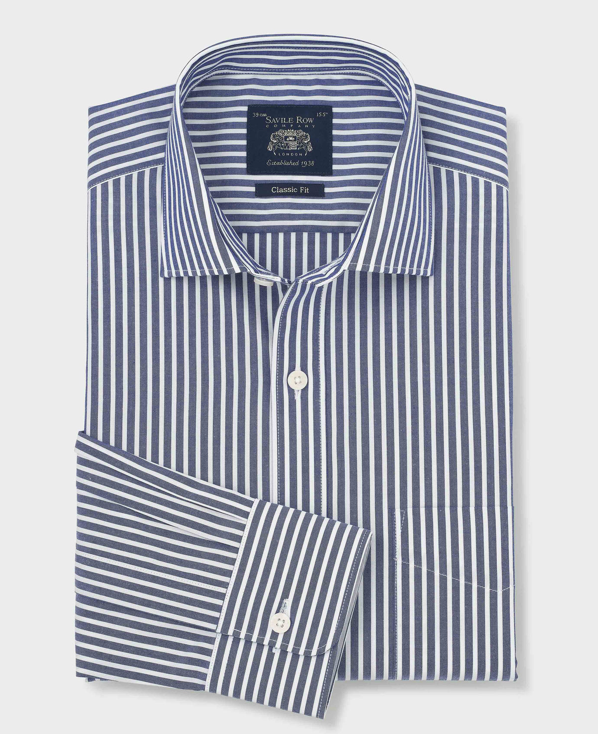 Navy Stripe Cotton Poplin Classic Fit Formal Shirt - Single Cuff