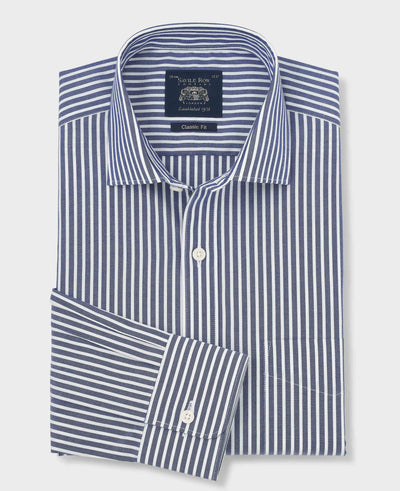 Navy Stripe Cotton Poplin Classic Fit Formal Shirt - Single Cuff