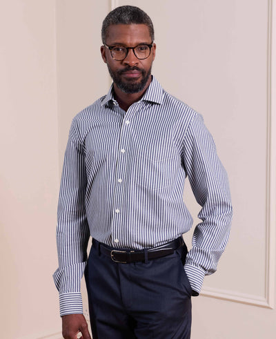 Navy Stripe Cotton Poplin Classic Fit Formal Shirt - Single Cuff