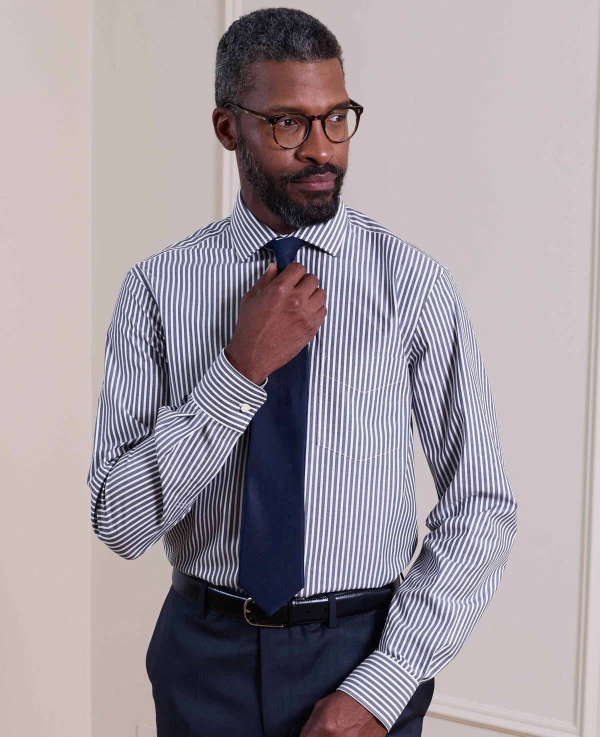 Navy Stripe Cotton Poplin Classic Fit Formal Shirt - Single Cuff