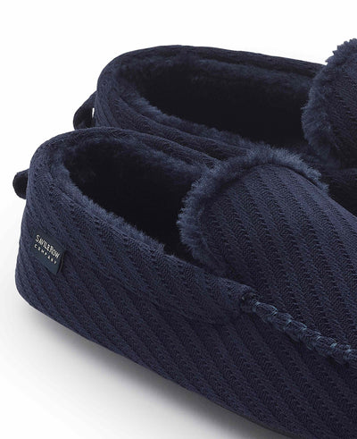 Navy Textured Stripe Moccasin Slippers