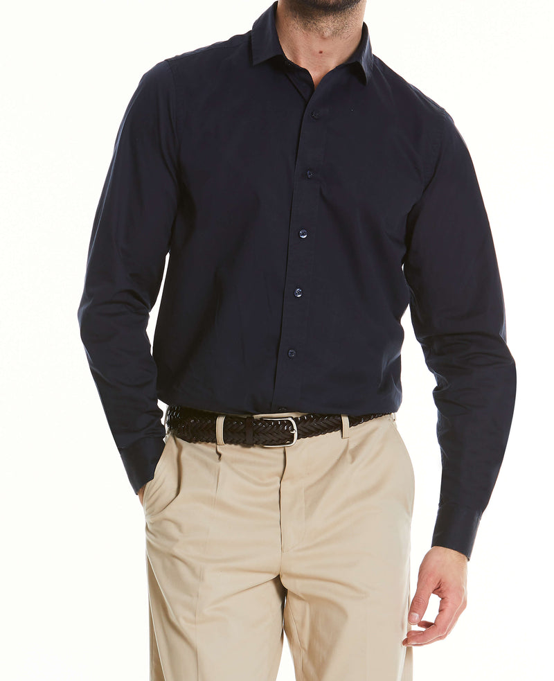 Navy Twill Slim Fit Shirt in Shorter Length - Model Shot - 1398NAV