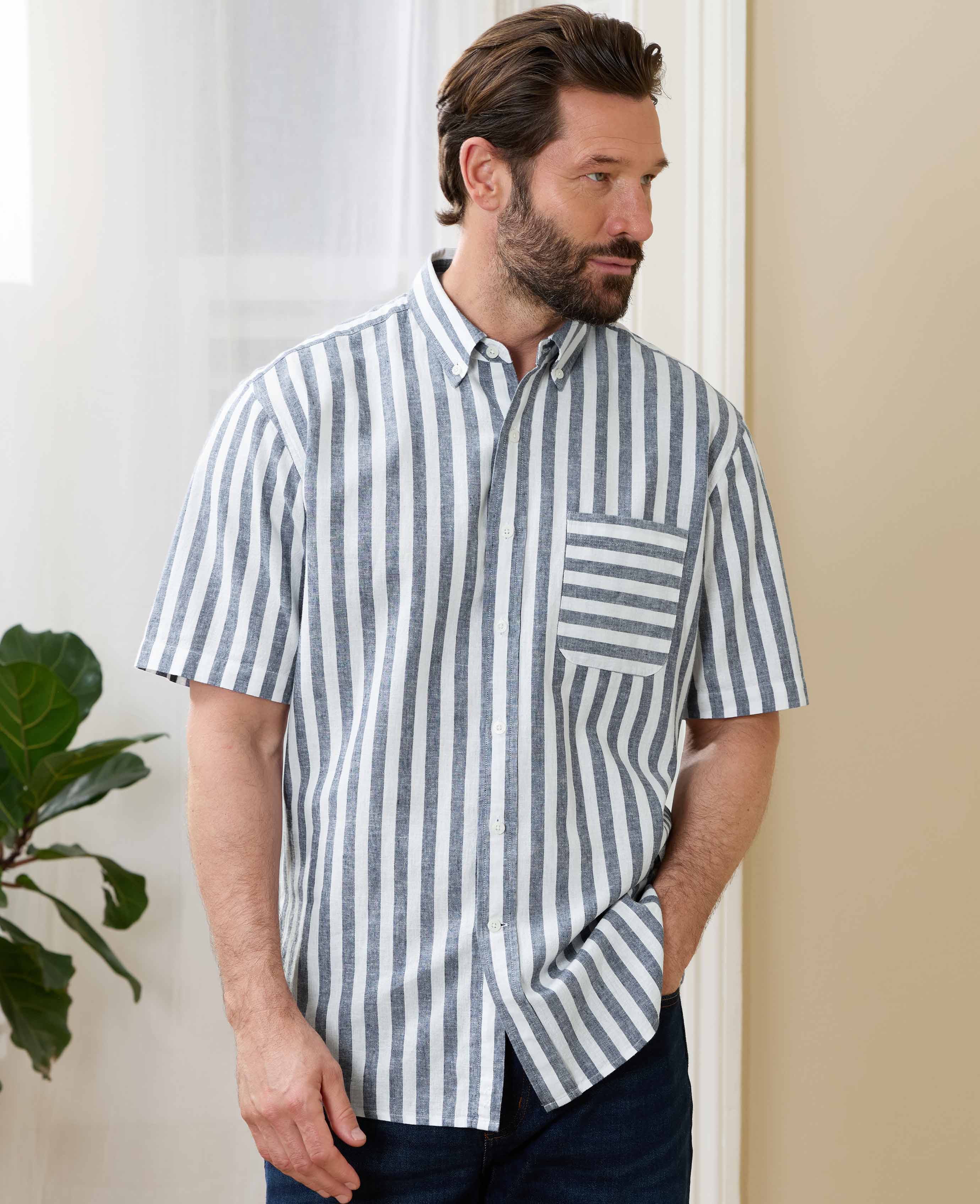 BOLD STRIPE COTTONLINEN　24SS　578-4153012 Men's Navy White Stripe Linen Cotton Classic Fit Short Sleeve