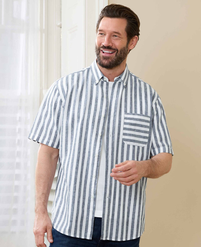 Navy White Bold Stripe Linen Cotton Classic Fit Short Sleeve Shirt