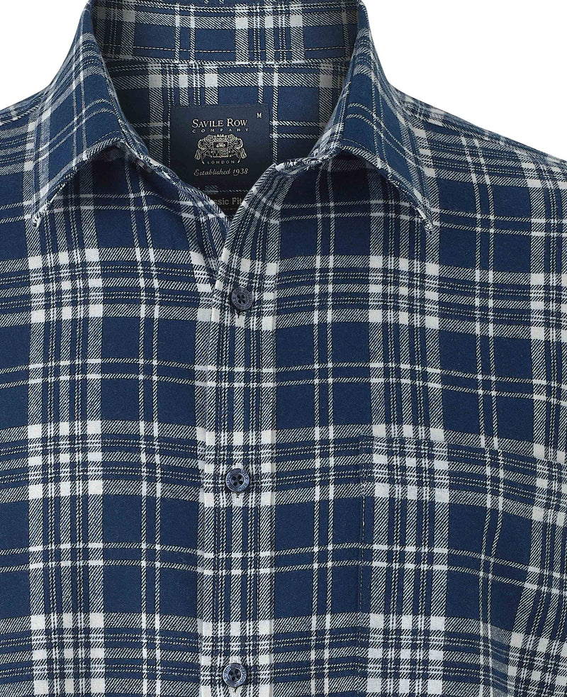 Navy White Brushed Cotton Check Classic Fit Casual Shirt