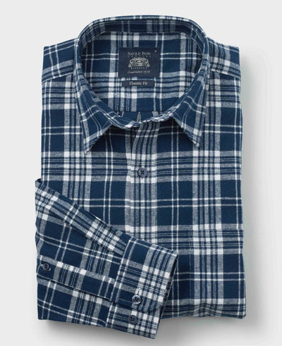 Navy White Brushed Cotton Check Classic Fit Casual Shirt
