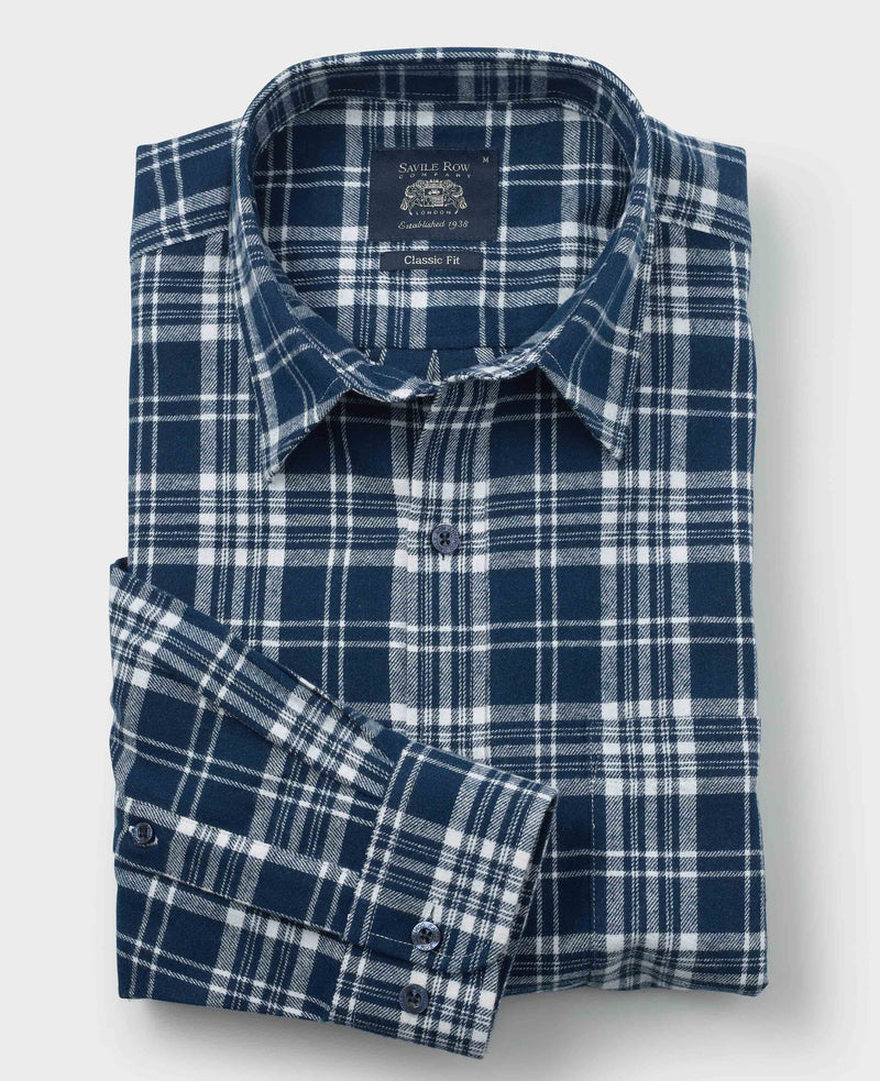 Navy White Brushed Cotton Check Classic Fit Casual Shirt