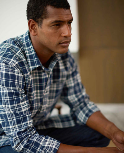 Navy White Brushed Cotton Check Classic Fit Casual Shirt