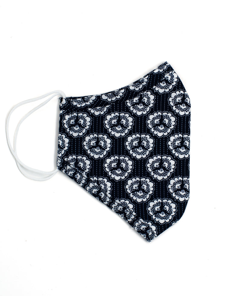 Navy White Flower Print Reusable Cotton Face Mask - Folded - MSK1421NAW