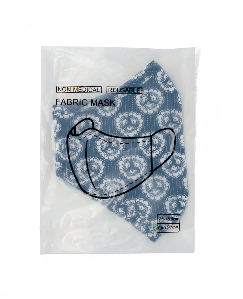 Navy White Flower Print Reusable Cotton Face Mask - In Bag - MSK1421NAW